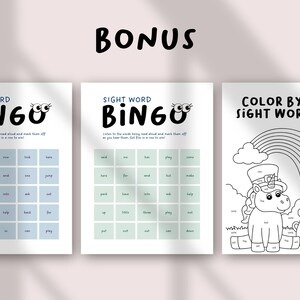 May include: Three printable activity sheets. Two "Sight Word Bingo" sheets with blue and green boxes, and a "Color by Sight Word" sheet featuring a unicorn, rainbow, and pot of gold. The word "BONUS" is at the top.