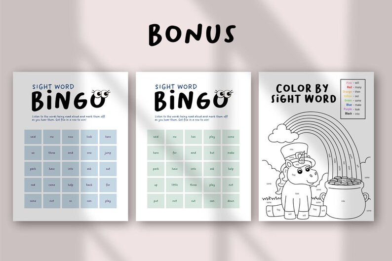 May include: Three printable activity sheets. Two "Sight Word Bingo" sheets with blue and green boxes, and a "Color by Sight Word" sheet featuring a unicorn, rainbow, and pot of gold. The word "BONUS" is at the top.