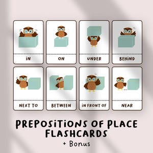 May include: Educational flashcards teaching prepositions of place. The cards show a cartoon owl with a blue cube, illustrating prepositions such as "in," "on," and "under." The text "PREPOSITIONS OF PLACE FLASHCARDS + Bonus" is at the bottom.