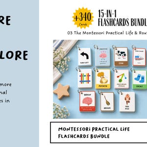 May include: A 15-in-1 flashcards bundle titled 03 The Montessori Practical Life & Routines. The set includes multiple small rectangular cards with illustrations and text like Turn Left, Cow, Potato, Measuring Spoons, Socks, Brain, Broom, and Tree Pose.