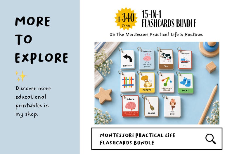 May include: A 15-in-1 flashcards bundle titled 03 The Montessori Practical Life & Routines. The set includes multiple small rectangular cards with illustrations and text like Turn Left, Cow, Potato, Measuring Spoons, Socks, Brain, Broom, and Tree Pose.