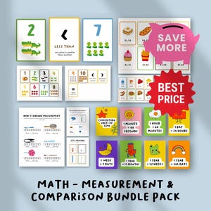 May include: A bundle pack of educational math and measurement flashcards. The cards feature numbers, comparison symbols, and time conversions. A pink piggy bank graphic and a red "Best Price" sticker are also visible.