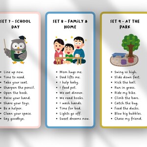 May include: Three illustrated cards with text. The first card, "School Day," features an owl. The second, "Family & Home," shows a family. The third, "At the Park," depicts a park scene with a tree and bench.