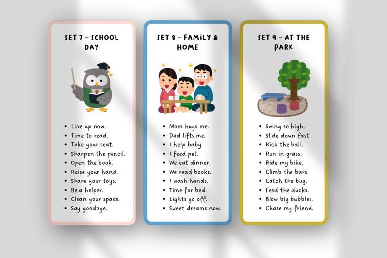 May include: Three illustrated cards with text. The first card, "School Day," features an owl. The second, "Family & Home," shows a family. The third, "At the Park," depicts a park scene with a tree and bench.