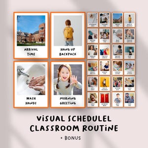 May include: A visual schedule for classroom routines featuring a grid of rectangular cards with orange borders. Each card displays a photograph and text such as Arrival Time, Hang Up Backpack, Wash Hands, and Morning Greeting, plus smaller activity icons.