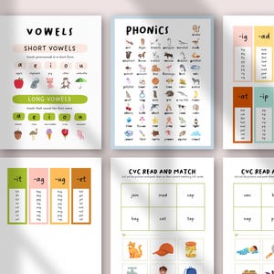K&ouml;nnte beinhalten: Lehrreiche Poster f&uuml;r das fr&uuml;he Lernen mit Vokalen, Phonetik und CVC-Wortzuordnungs&uuml;bungen. Die Poster zeigen farbenfrohe Illustrationen und Texte, die die Lese- und Sprachentwicklung f&ouml;rdern sollen. Das Wort "BONUS" ist auf der linken Seite gedruckt.
