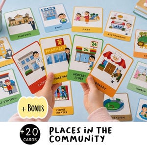 Puede incluir: Un conjunto de veinte tarjetas educativas con ilustraciones de lugares de la comunidad como un museo, banco, parque, restaurante, hotel para mascotas, clínica, farmacia, tienda de comestibles, panadería, gasolinera, cine, estadio, iglesia y zoológico.