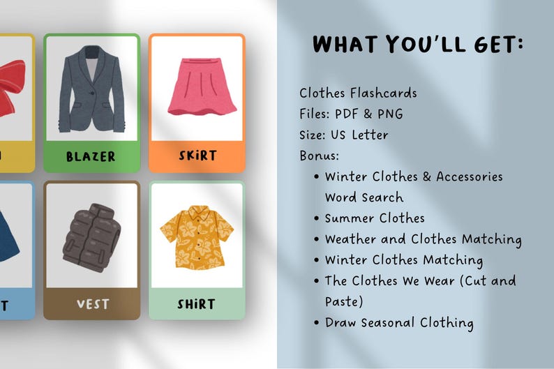 Clothes Flashcards for Kids | ESL Vocabulary Cards | Clothing & Seasons ...