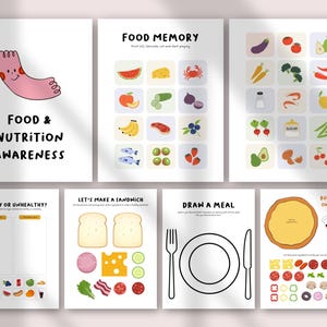 May include: Educational food and nutrition awareness activity sheets. Includes a food memory game, sandwich-making, meal drawing, and pizza-building activities. Features colorful illustrations of fruits, vegetables, and other food items.