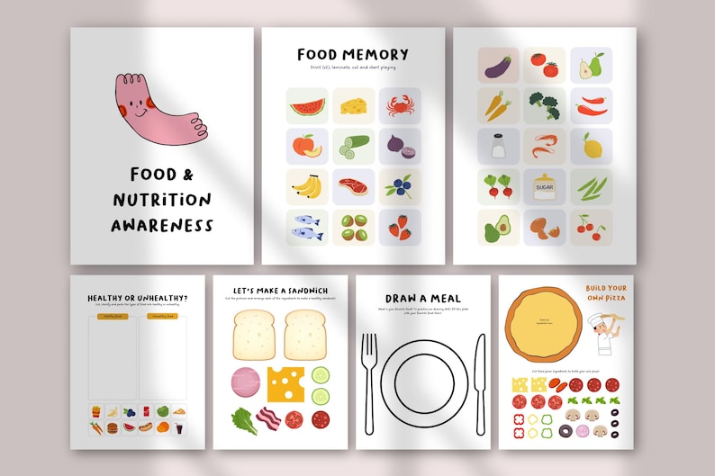 May include: Educational food and nutrition awareness activity sheets. Includes a food memory game, sandwich-making, meal drawing, and pizza-building activities. Features colorful illustrations of fruits, vegetables, and other food items.