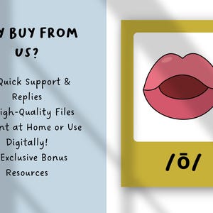 K&ouml;nnte beinhalten: Digitaldruck mit einer Cartoon-Illustration von rosa Lippen mit dunkelrotem Innenraum, vor wei&szlig;em Hintergrund in einem gelben Rahmen. Das phonetische Symbol /ō/ befindet sich darunter. Text links: "WHY BUY FROM US?"