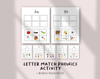 May include: Educational phonics activity featuring letter matching. The image shows several white cards with letters and corresponding images like an apple, ant, and bear. The text "LETTER MATCH PHONICS ACTIVITY" is at the bottom.