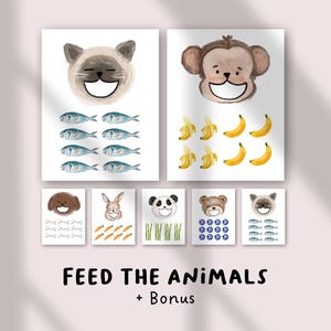Op de afbeelding: Waterverfillustraties van dieren met voedsel. De set bevat een kat met vissen, een aap met bananen, een hond met botten, een konijn met wortels, een panda met bamboe, een beer met bosbessen en een kat met vissen. Tekst: "FEED THE ANIMALS + Bonus".