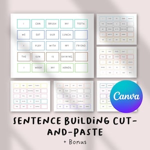 May include: Educational resource featuring sentence-building cut-and-paste activities. The image shows several white cards with words in boxes, forming sentences like "I can brush my teeth." A Canva logo is visible.