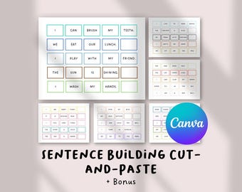 May include: Educational resource featuring sentence-building cut-and-paste activities. The image shows several white cards with words in boxes, forming sentences like "I can brush my teeth." A Canva logo is visible.