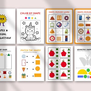 May include: A collection of eight educational activity sheets for children. The sheets feature colorful illustrations and text, including "Shapes & Visual Recognition," "Color by Shape," and "Shape Memory Game." The activities focus on shape recognition and matching.