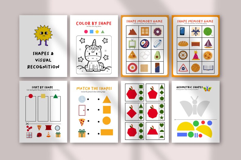 May include: A collection of eight educational activity sheets for children. The sheets feature colorful illustrations and text, including "Shapes & Visual Recognition," "Color by Shape," and "Shape Memory Game." The activities focus on shape recognition and matching.