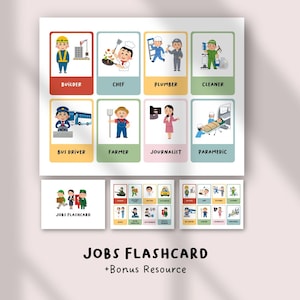 Op de afbeelding: Een set educatieve flashcards met illustraties van diverse beroepen, waaronder een bouwvakker, kok, loodgieter, schoonmaker, buschauffeur, boer, journalist en ambulanceverpleegkundige, elk met een figuur in uniform en Engelse labels.