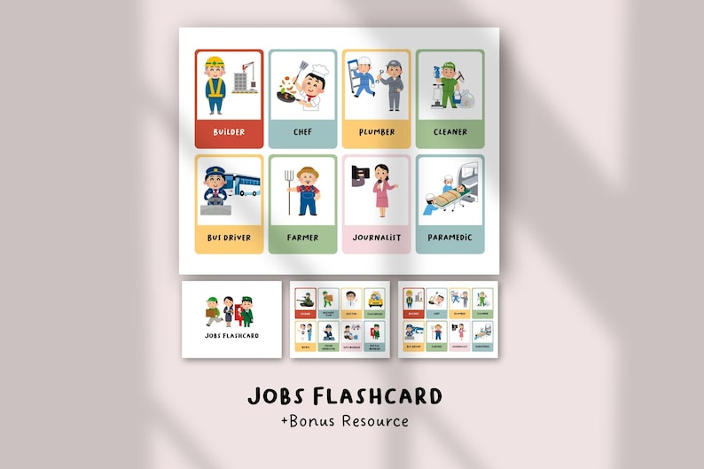 Op de afbeelding: Een set educatieve flashcards met illustraties van diverse beroepen, waaronder een bouwvakker, kok, loodgieter, schoonmaker, buschauffeur, boer, journalist en ambulanceverpleegkundige, elk met een figuur in uniform en Engelse labels.
