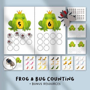 May include: Educational counting game featuring frogs, bugs, and socks. The game includes numbers 5, 6, and 10, with corresponding bug illustrations for counting practice. The title "FROG & BUG COUNTING + BONUS RESOURCES" is displayed at the bottom.
