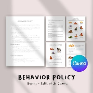 Plantilla editable de política de conducta para guarderías y aulas / Póster de normas de conducta positiva / Hoja de comunicación con los padres imprimible en Canva