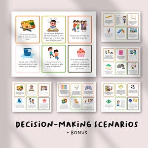 Może przedstawiać: Zestaw ilustrowanych kart z scenariuszami podejmowania decyzji, zawierający kolorowe obrazy i podpowiedzi tekstowe. Karty obejmują różne sytuacje, z tekstem "DECISION-MAKING SCENARIOS + BONUS" na dole.