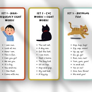 May include: Three educational flashcards with colorful borders. The first card has a boy waving and the text "HIGH-FREQUENCY SIGHT WORDS." The second card has a black cat and the text "CVC WORDS + SIGHT WORDS." The third card has a running cat and the text "RHYMING FUN."
