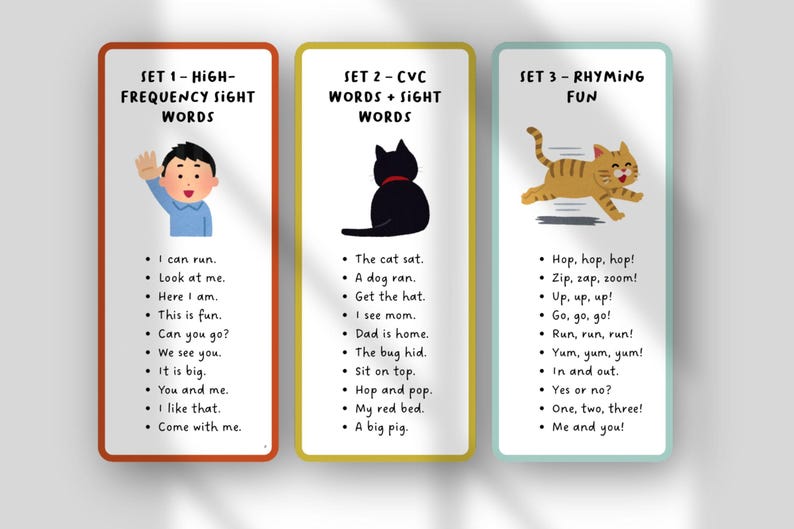 May include: Three educational flashcards with colorful borders. The first card has a boy waving and the text "HIGH-FREQUENCY SIGHT WORDS." The second card has a black cat and the text "CVC WORDS + SIGHT WORDS." The third card has a running cat and the text "RHYMING FUN."