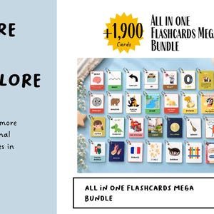 May include: A collection of 1,900 educational flashcards featuring various illustrations and text labels. The cards are organized in rows, each attached to a metal ring. The text reads: More to explore, All in one Flashcards Mega Bundle.