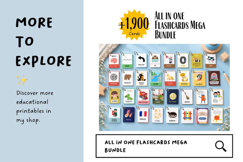 May include: A collection of 1,900 educational flashcards featuring various illustrations and text labels. The cards are organized in rows, each attached to a metal ring. The text reads: More to explore, All in one Flashcards Mega Bundle.