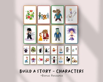 Tarjetas para crear personajes de historias / Ideas para escritura creativa para niños / Tarjetas didácticas para contar cuentos / Actividad imprimible para el centro de lectura