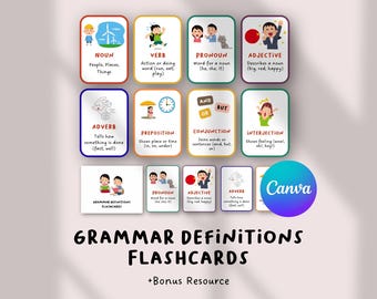 Tarjetas de vocabulario con definiciones gramaticales / Tarjetas de vocabulario sobre las partes de la oración / Pósteres de gramática inglesa / Actividades de gramática para el aula / Educación en casa