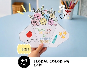 May include: A white paper greeting card featuring a hand-drawn bouquet of flowers at the top and the text Thank You for being an amazing teacher in the center. The card includes illustrations of an apple, glasses, a crayon, and stars.