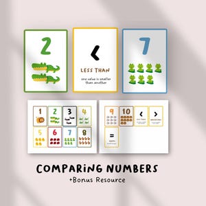 Puede incluir: Tarjetas educativas para comparar números, con ilustraciones de cocodrilos, ranas y otros objetos. Las tarjetas muestran números, símbolos y la frase "LESS THAN". El título "COMPARING NUMBERS" también es visible.