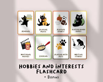 Flashcards de hobbies e interesses | Cartões de aprendizagem de vocabulário infantil | PDF de recursos para impressão de ESL e terapia da fala