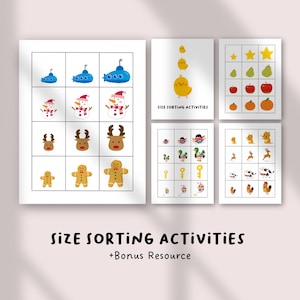 Könnte beinhalten: Lehrreiche Arbeitsblätter für Größen-Sortieraktivitäten. Das Bild zeigt Illustrationen von U-Booten, Schneemännern, Rentieren, Lebkuchenmännern, Küken, Früchten, Schlüsseln und Bauernhoftieren. Der Text lautet "Size Sorting Activities + Bonus Resource."