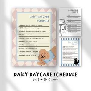 May include: A Daily Daycare Schedule printable with a light blue border and a tan and pink diamond pattern. The schedule includes times for activities and features a cartoon poodle illustration.