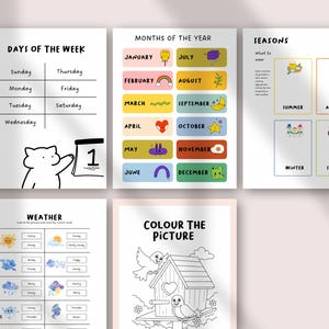 May include: A set of five educational activity sheets featuring Days of the Week, Months of the Year, Seasons, Weather, and a Colour the Picture page. Each sheet includes black text, colorful illustrations, and a white cat character.