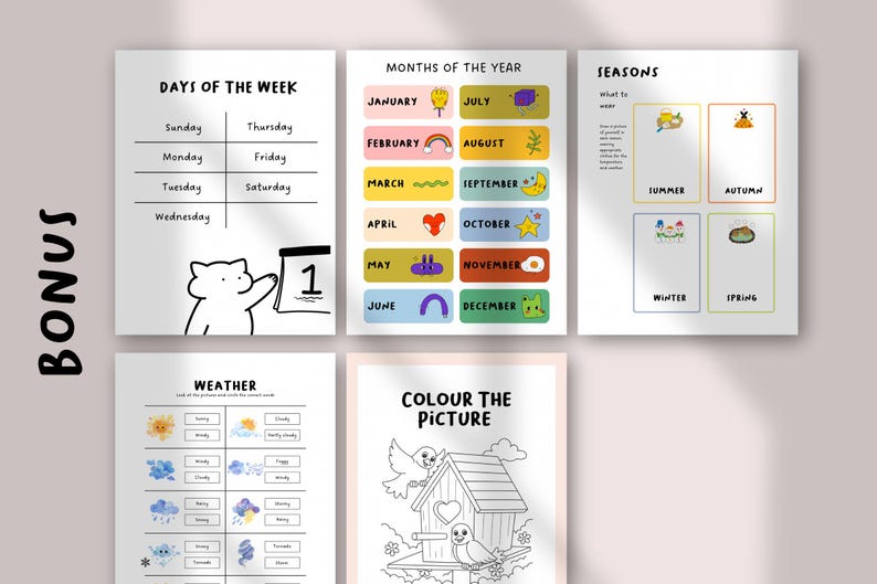 May include: A set of five educational activity sheets featuring Days of the Week, Months of the Year, Seasons, Weather, and a Colour the Picture page. Each sheet includes black text, colorful illustrations, and a white cat character.