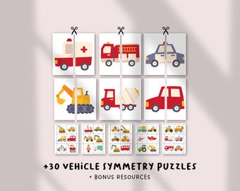 30種類以上の乗り物対称パズル｜乗り物マッチングゲーム｜印刷可能な幼稚園・モンテッソーリアクティビティ｜ホームスクールで楽しく学べる