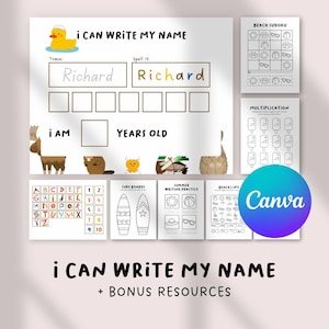 Peut inclure: Feuille de travail éducative intitulée "I Can Write My Name" avec le nom "Richard" affiché. Comprend des sections de traçage et d'orthographe, ainsi que des ressources bonus comme des exercices de Sudoku et de multiplication. Comprend des illustrations colorées et le logo Canva.