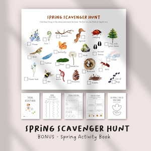 Può includere: Una caccia al tesoro primaverile stampabile con illustrazioni ad acquerello di elementi naturali come fiori, uccelli e insetti. Include un libro di attività primaverili bonus. Il testo recita "SPRING SCAVENGER HUNT" e "BONUS - Spring Activity Book".