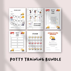 May include: A printable potty training bundle with a construction theme. The bundle includes a reward chart, potty time steps, flashcards, a sticker chart, and a certificate.