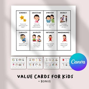 Könnte beinhalten: Ein Set aus pädagogischen Wertekarten für Kinder mit acht illustrierten Feldern, die die Überschriften Kindness, Gratitude, Empathy, Respect, Curiosity, Humility, Optimism und Independence tragen, jeweils ergänzt durch einen kurzen erklärenden Satz.