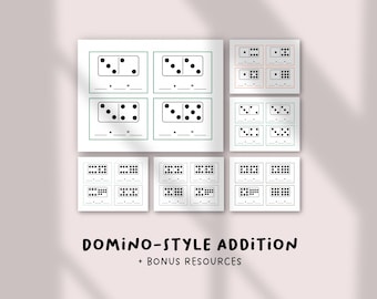 May include: Worksheets for domino-style addition, featuring black dots on white backgrounds. The worksheets show dominoes with different dot counts and spaces for addition sums. The text "DOMINO-STYLE ADDITION + BONUS RESOURCES" is at the bottom.