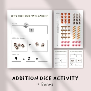 Jeu de dés mathématiques Addition | Activité de comptage à imprimer pour le préscolaire et la maternelle | Centre de mathématiques amusant pour l&#39;école à la maison | Apprenez à additionner et à compter