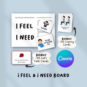 Puede incluir: Un tablero My Feelings and Needs con el texto I FEEL y I NEED, que incluye tarjetas con ilustraciones de emociones y necesidades. Incluye conjuntos adicionales de 30 tarjetas de afrontamiento y 45 tarjetas Let's Talk, además de un logo de Canva.