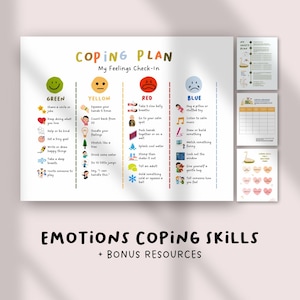 May include: A colorful "Coping Plan" poster with the title "My Feelings Check-in". It features sections for green, yellow, red, and blue emotions, with corresponding coping strategies. Additional bonus resources are included.