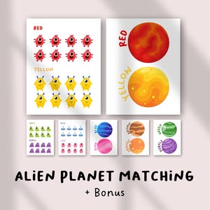 Puede incluir: Juego educativo de emparejamiento con ilustraciones coloridas de planetas y extraterrestres. El juego incluye tarjetas con extraterrestres rojos y amarillos, así como planetas de varios colores. El texto "Alien Planet Matching + Bonus" se muestra en la parte inferior.