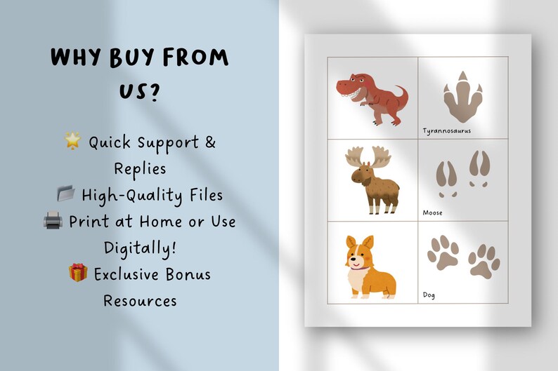 May include: A white card with illustrations of a Tyrannosaurus, moose, and dog, along with their footprints. The card also features the text "WHY BUY FROM US?" and lists benefits like quick support and high-quality files.